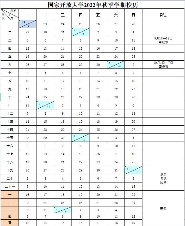 国家开放大学2022年秋季学期校历